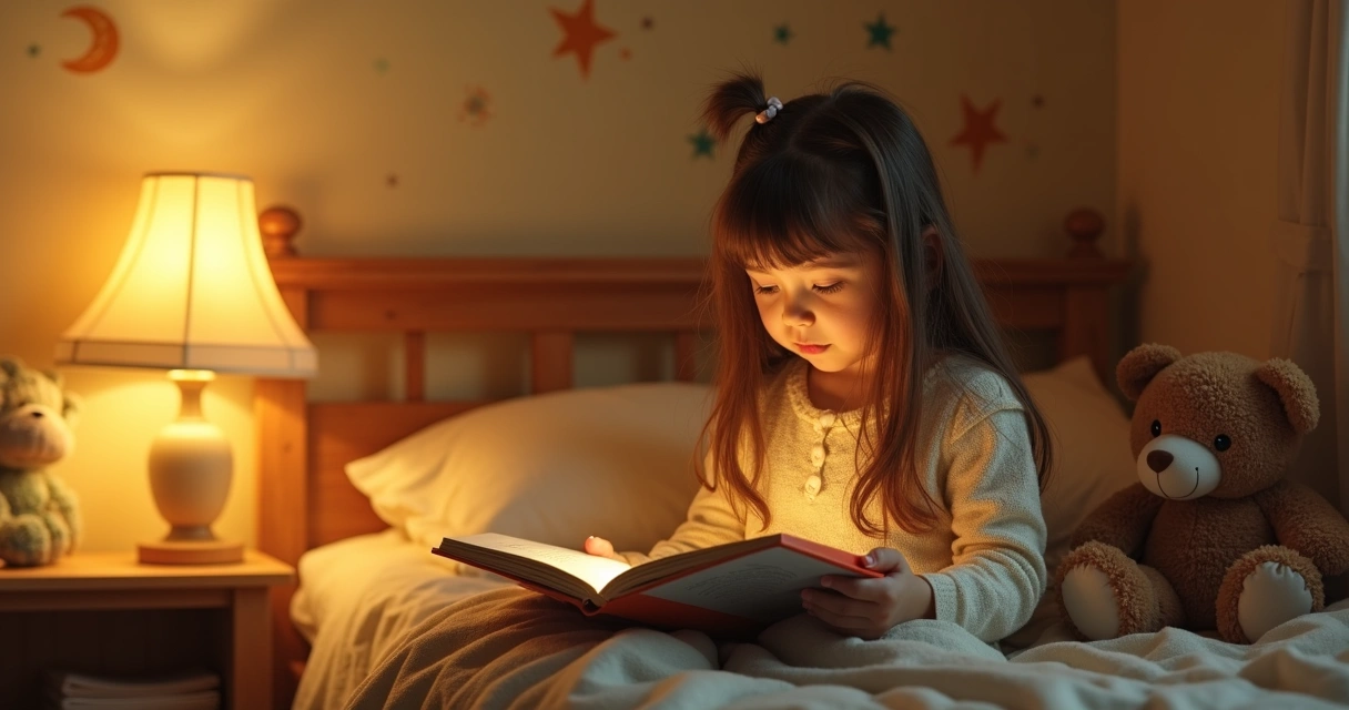 Menina lendo livro de histórias na cama ao lado de um urso de pelúcia 