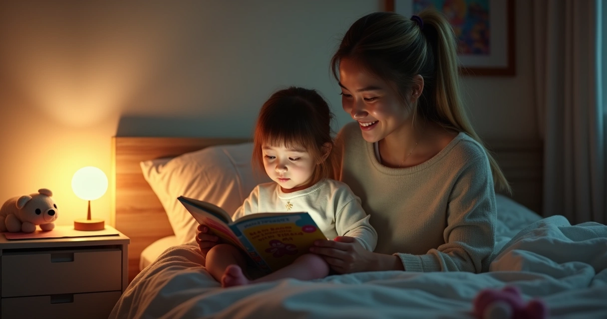 Menina lendo um livro sentada na cama ao lado de um adulto