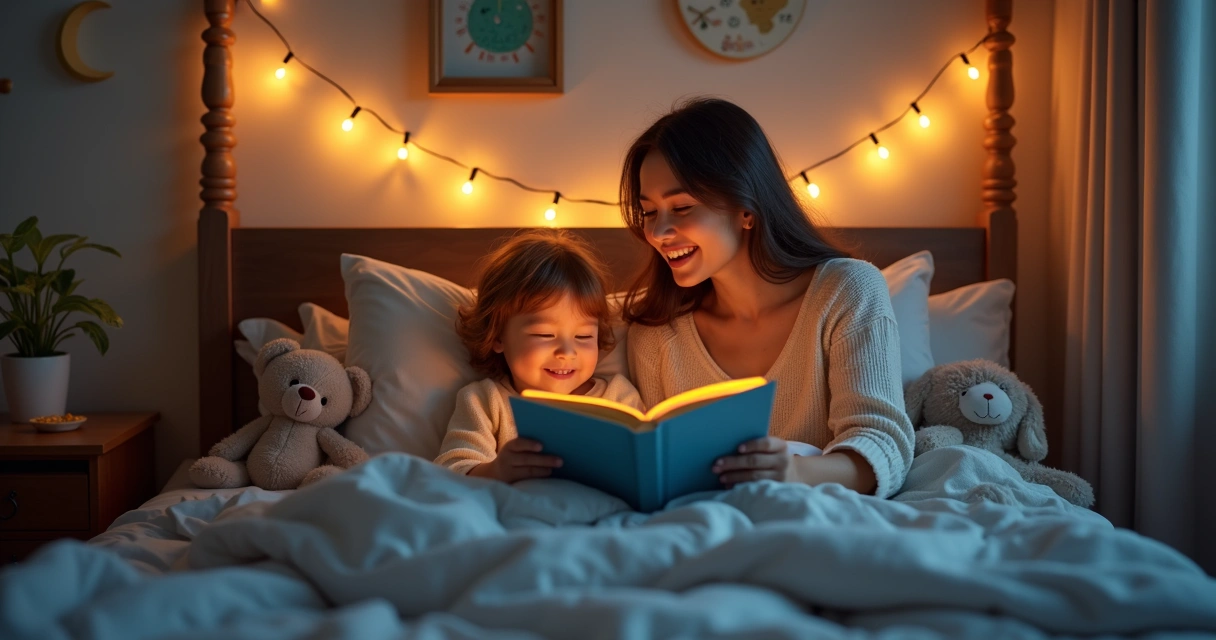 Criança lendo livro infantil deitada na cama 