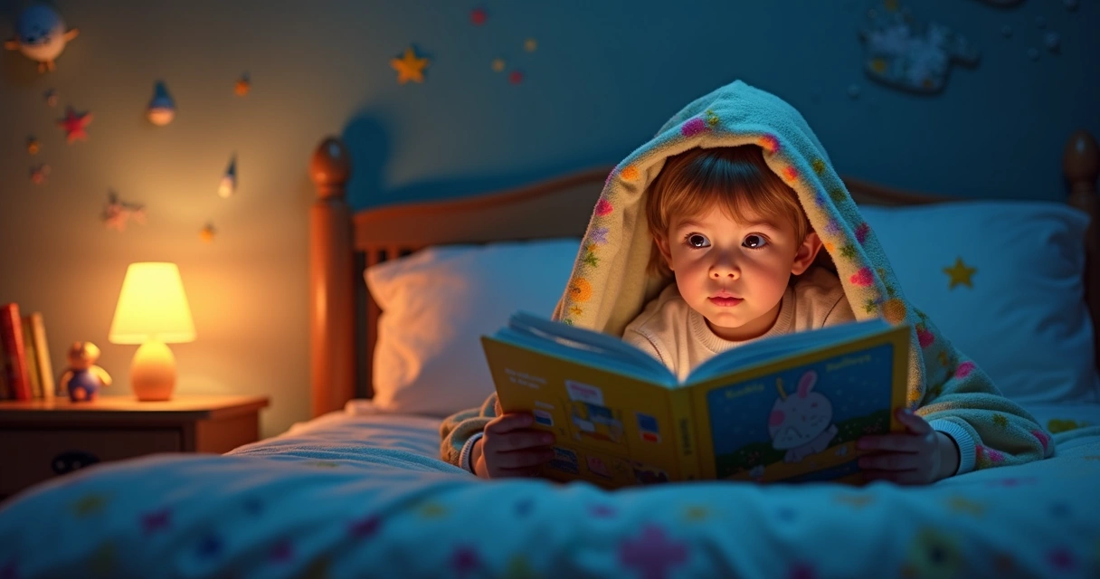 Criança deitada na cama ouvindo história de livro 