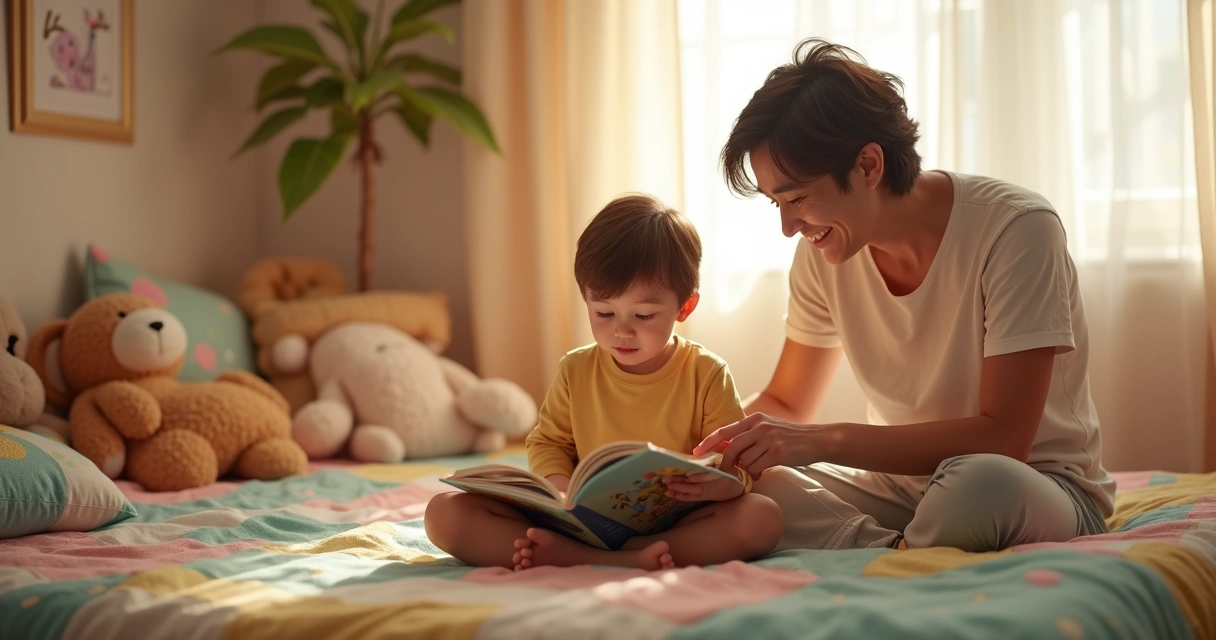 Criança sentada na cama lendo um livro de histórias com um adulto ao lado, ambos sorrindo, em um quarto aconchegante 