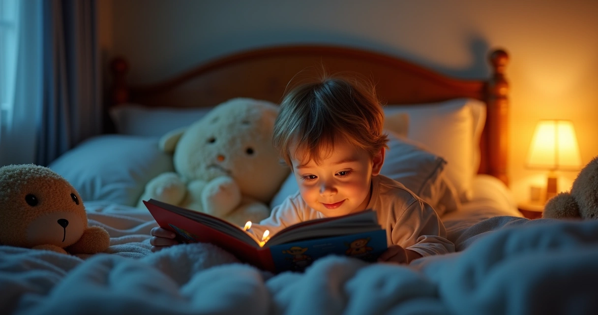Criança lendo um livro com um adulto na cama 