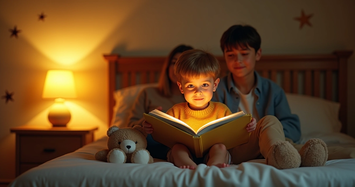 Criança lendo história na cama, com luz suave e sorriso no rosto 