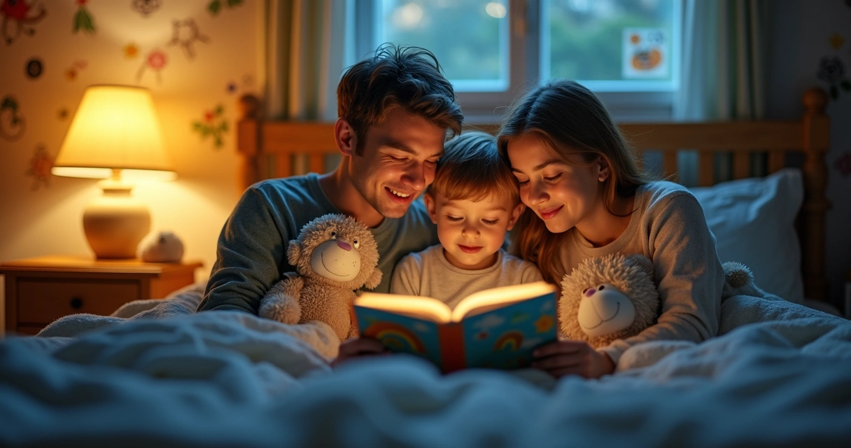Criança lendo um livro na cama com os pais ao lado 