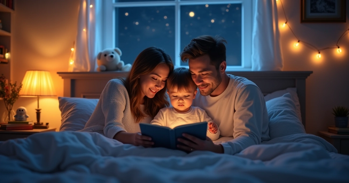 Criança ouvindo leitura dos pais na cama 