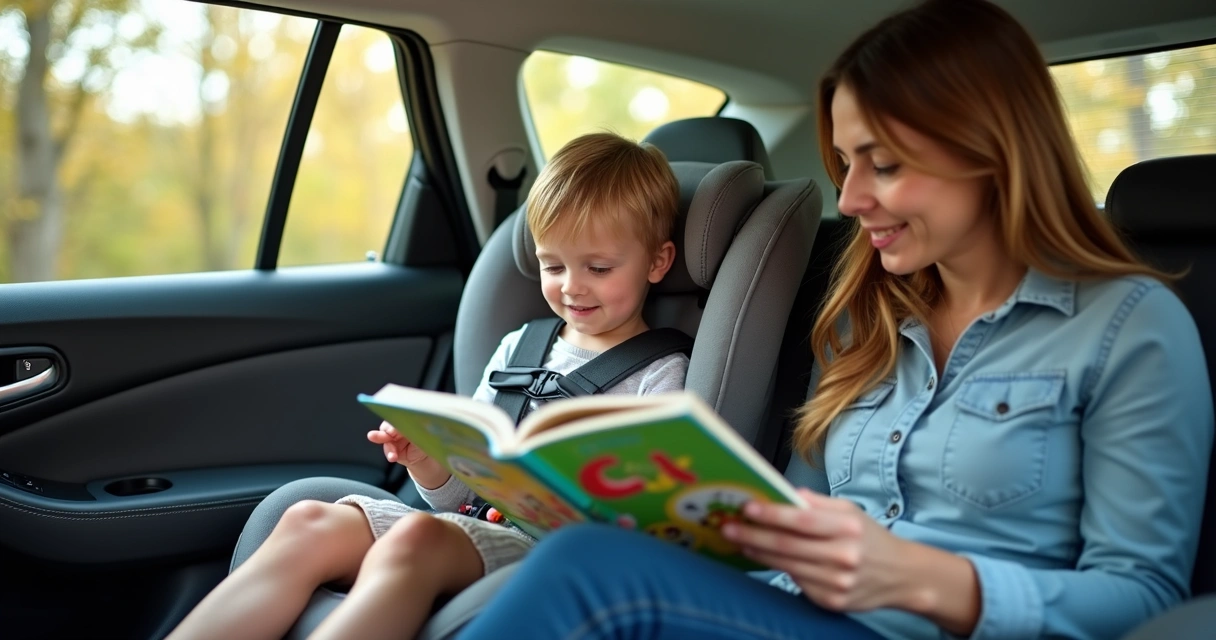 Criança sentada em cadeirinha no banco traseiro de um carro lendo com um adulto 