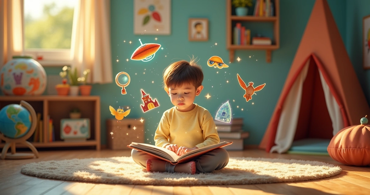 Criança cercada de livros coloridos lendo em um quarto cheio de detalhes criativos 