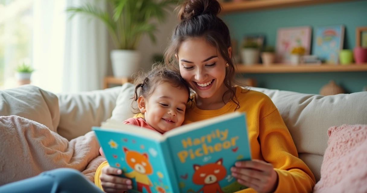 Mãe lendo livro ilustrado para criança pequena em casa 