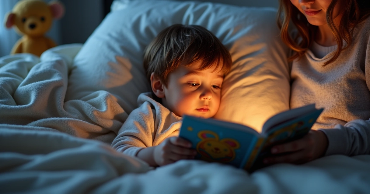 Criança ouvindo história antes de dormir deitada na cama 