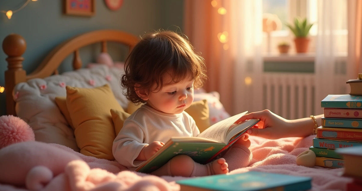 Criança lendo livros na cama com vários livros coloridos espalhados ao redor