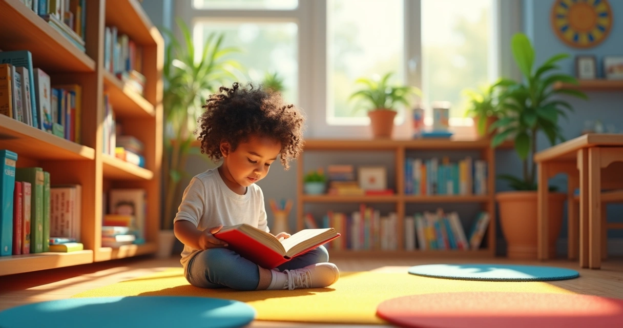 Menina lendo livro didático ilustrado em sala de aula 