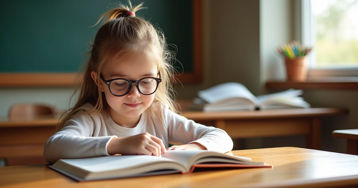 Menina usando óculos lendo livro em sala com luz natural. 