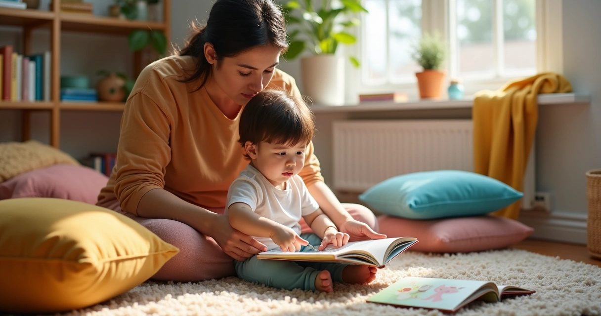 Criança ouvindo história contada por adulto, ambiente acolhedor, livros e almofadas ao redor 