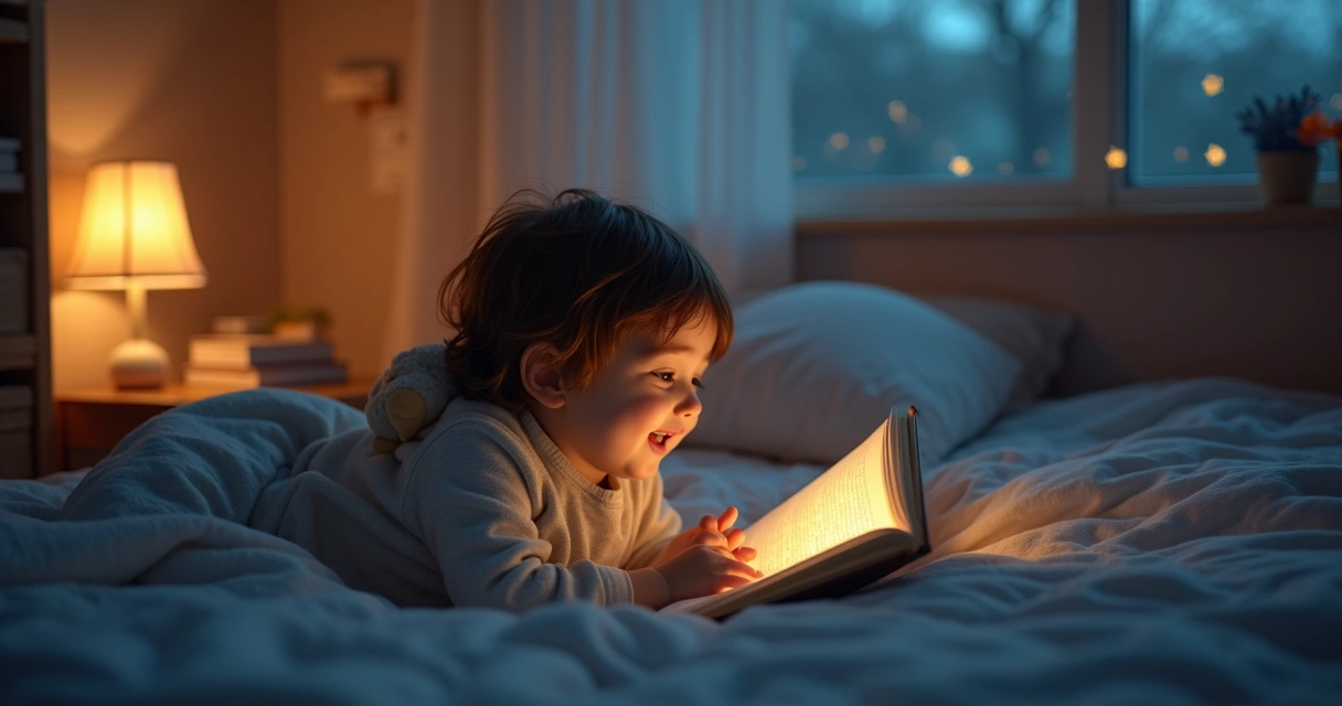 Criança ouvindo historinha sentada na cama com os pais ao lado 
