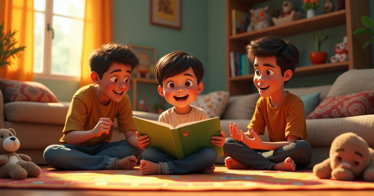 Criança sorrindo lendo livro com a família ao redor 