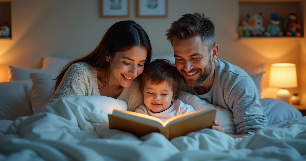 Criança deitada na cama ouvindo história dos pais 
