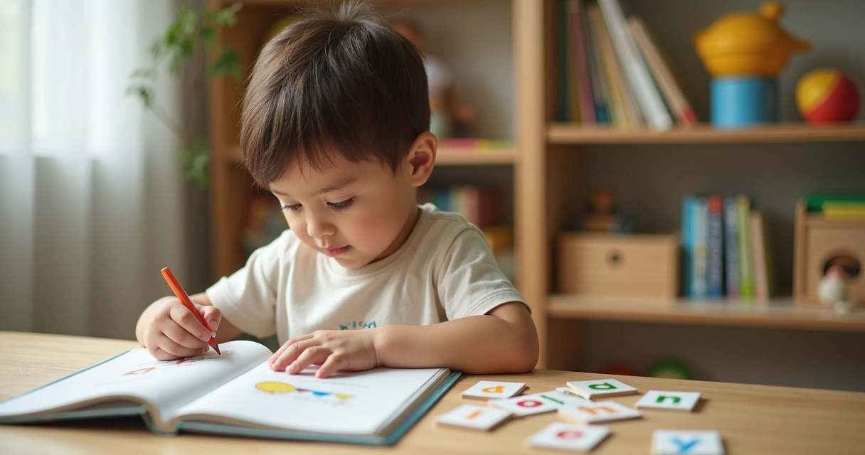 Criança lendo livro com palavras em dois idiomas