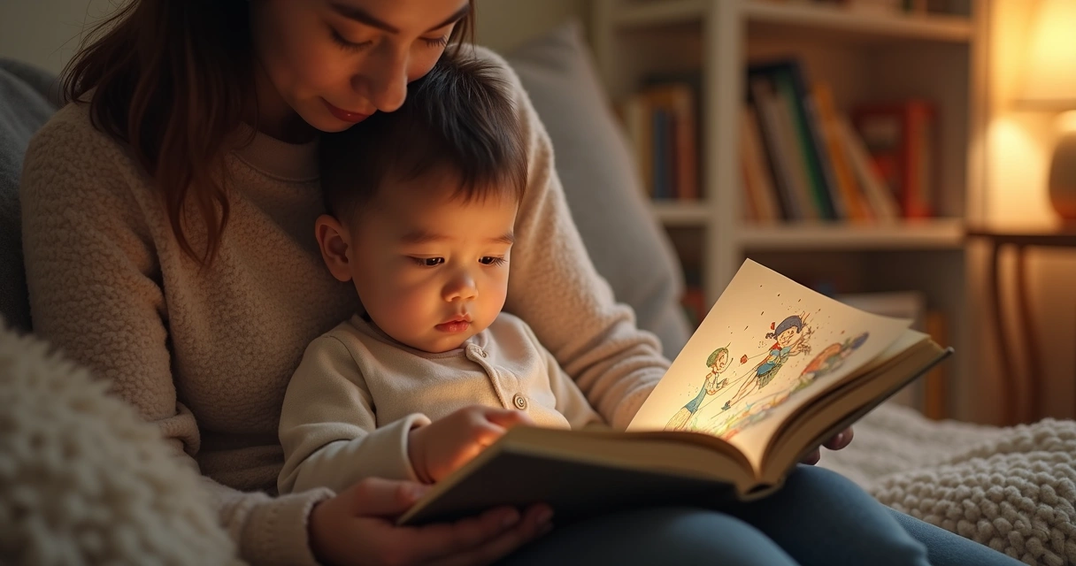 Criança lendo livro personalizado no colo de um adulto