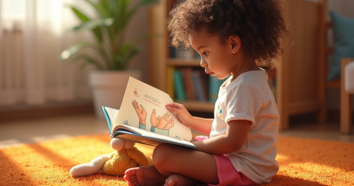 Menina pequena lendo livro ilustrado sobre mãos gentis 