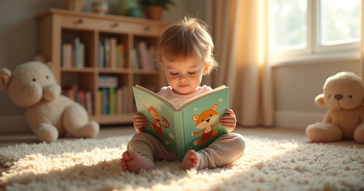 Criança lendo livro ilustrado no quarto