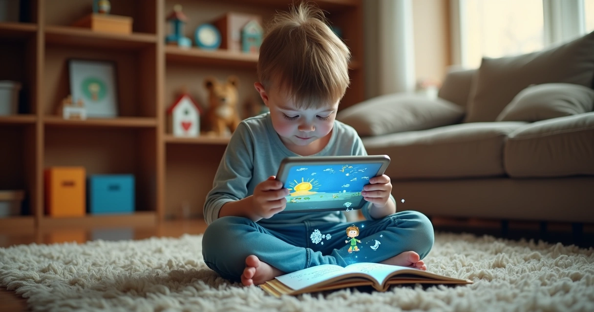 Menino usa tablet para ler livro com realidade aumentada