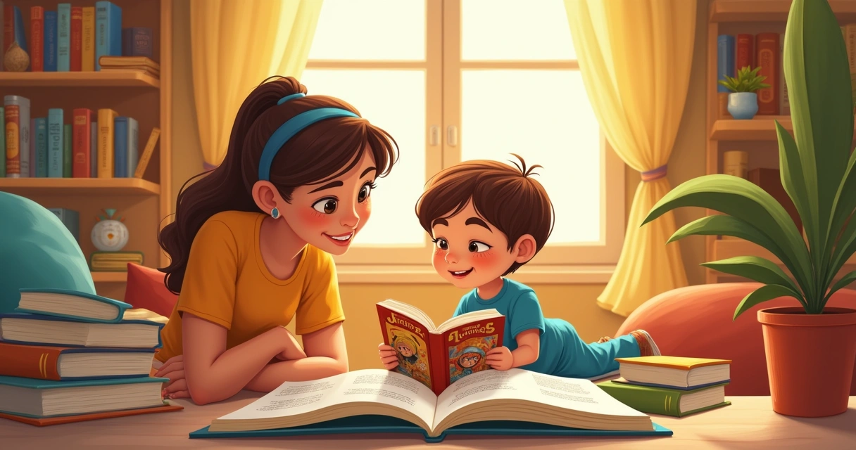 Cena de uma criança com autismo lendo um livro em um ambiente acolhedor, com um adulto ao lado.