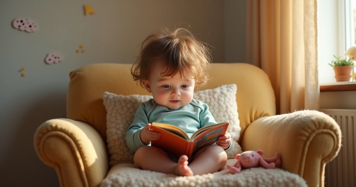 Criança pequena sentada em uma poltrona lendo um livro colorido com expressão concentrada 