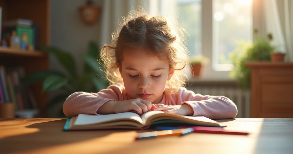 Criança lendo livro colorido em mesa de madeira com lápis de cor ao redor
