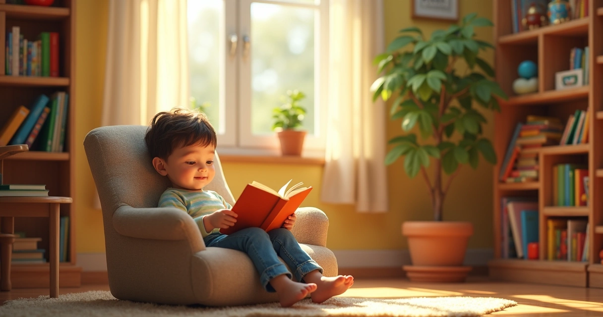 Criança lendo um livro infantil colorido em um ambiente acolhedor com luz natural 