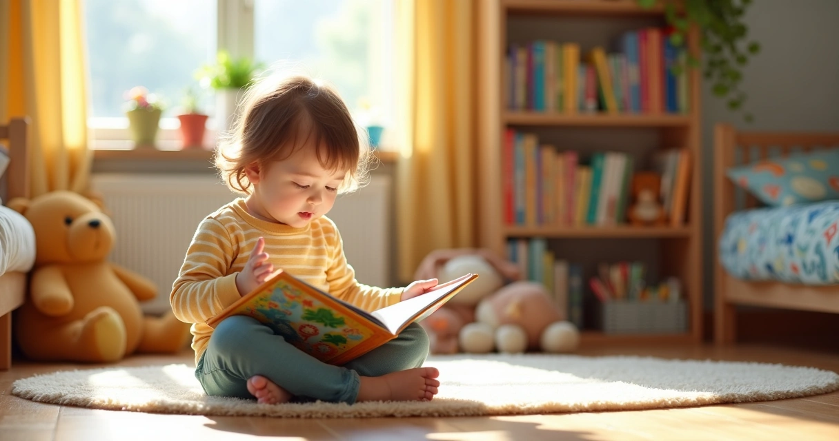 Criança pequena lendo livro colorido sentada no chão 