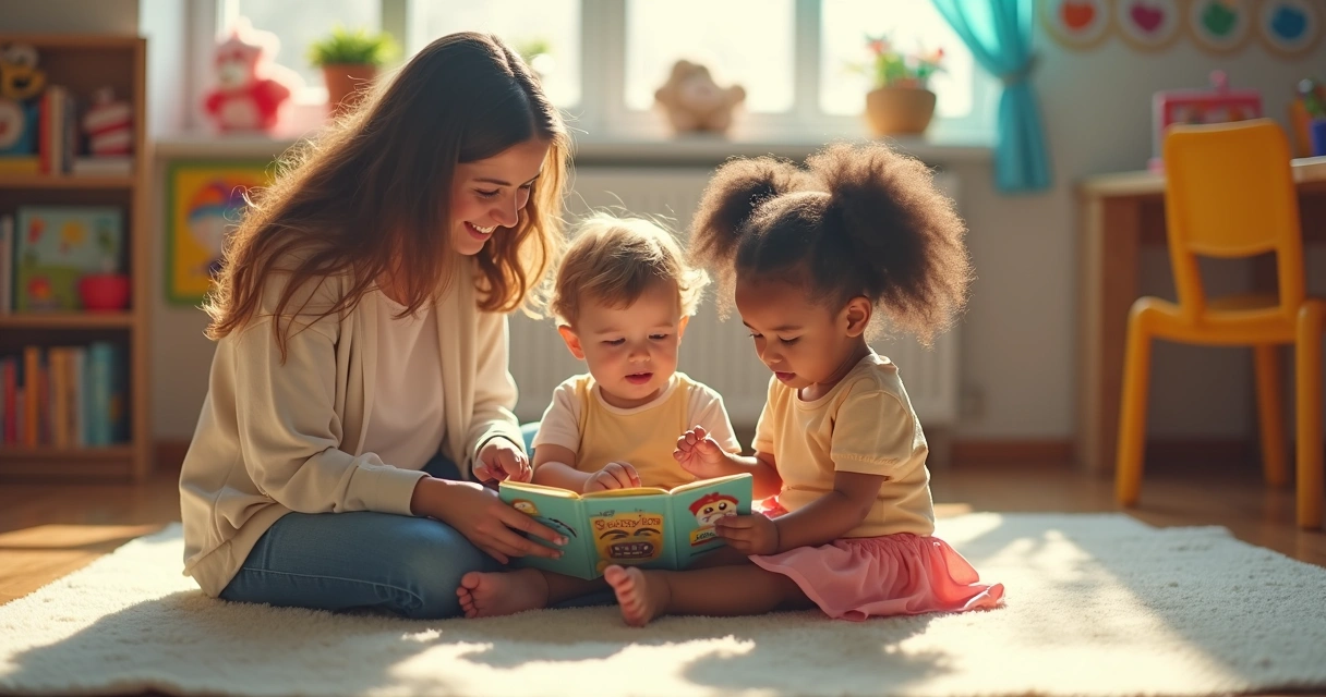 Criança lendo livro infantil sobre emoções com adulto apoiando 