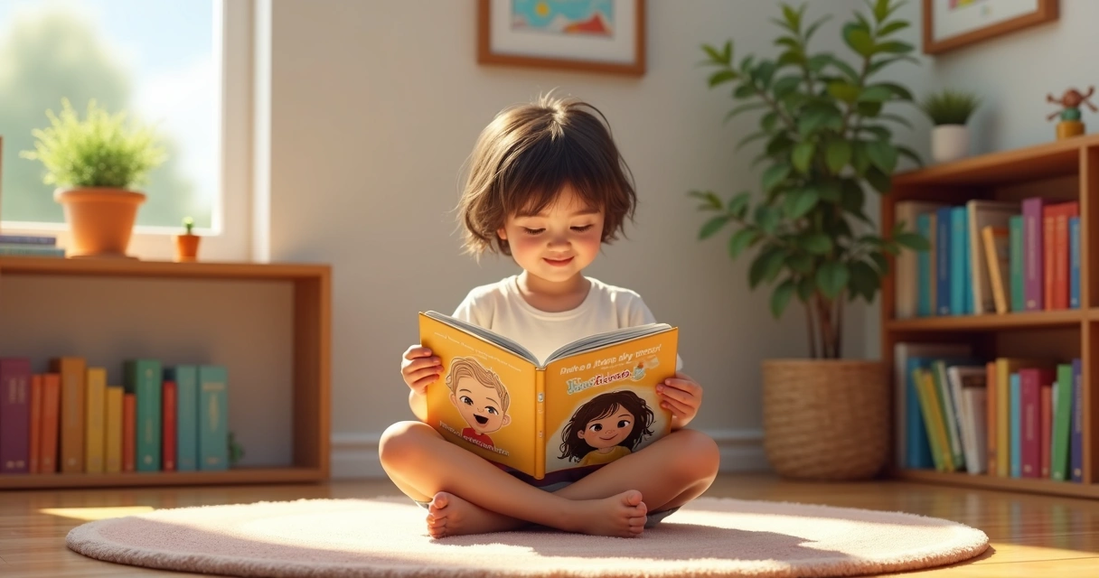 Criança lendo livro personalizado em biblioteca infantil