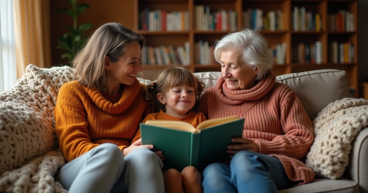Criança lendo livro ao lado da mãe e da avó, sentadas no sofá em ambiente caseiro.