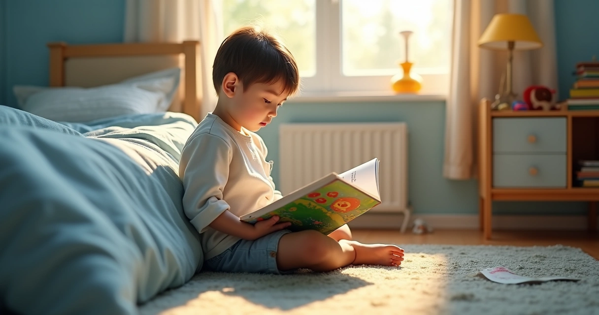 Criança lendo livro no quarto