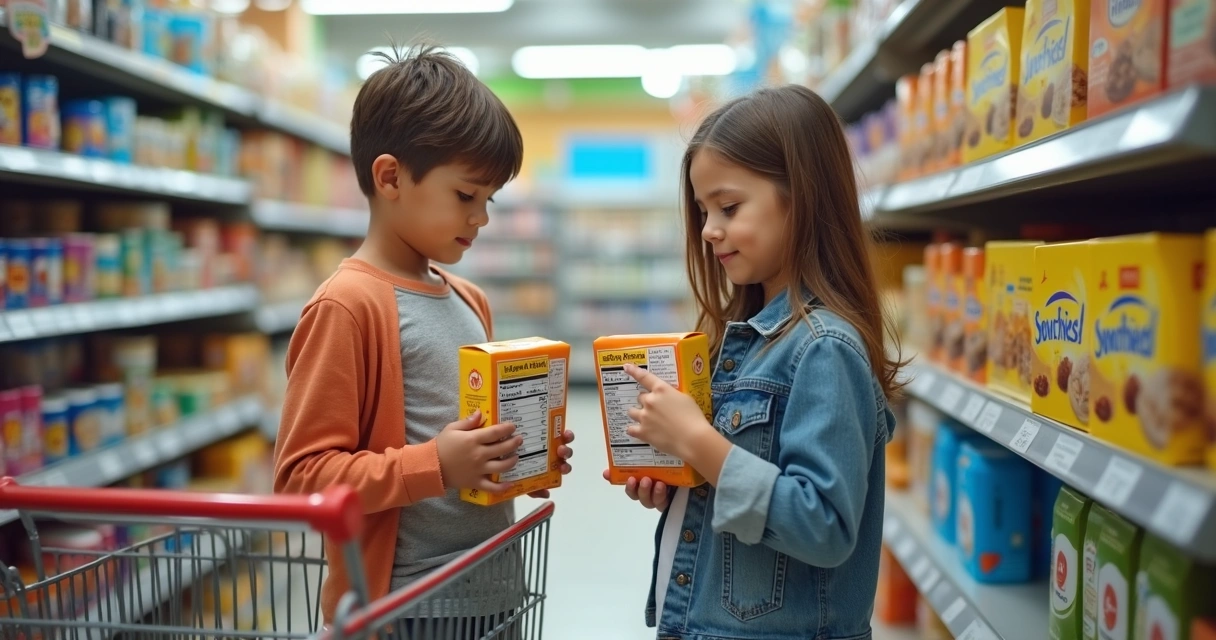 Criança comparando rótulos no supermercado 