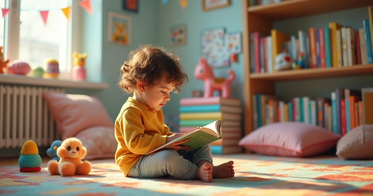 Criança lendo sozinha em seu quarto com livros ao redor 