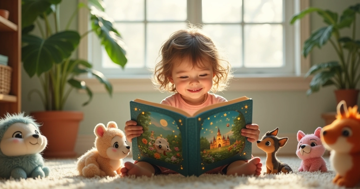 Criança lendo livro personalizado de floresta encantada
