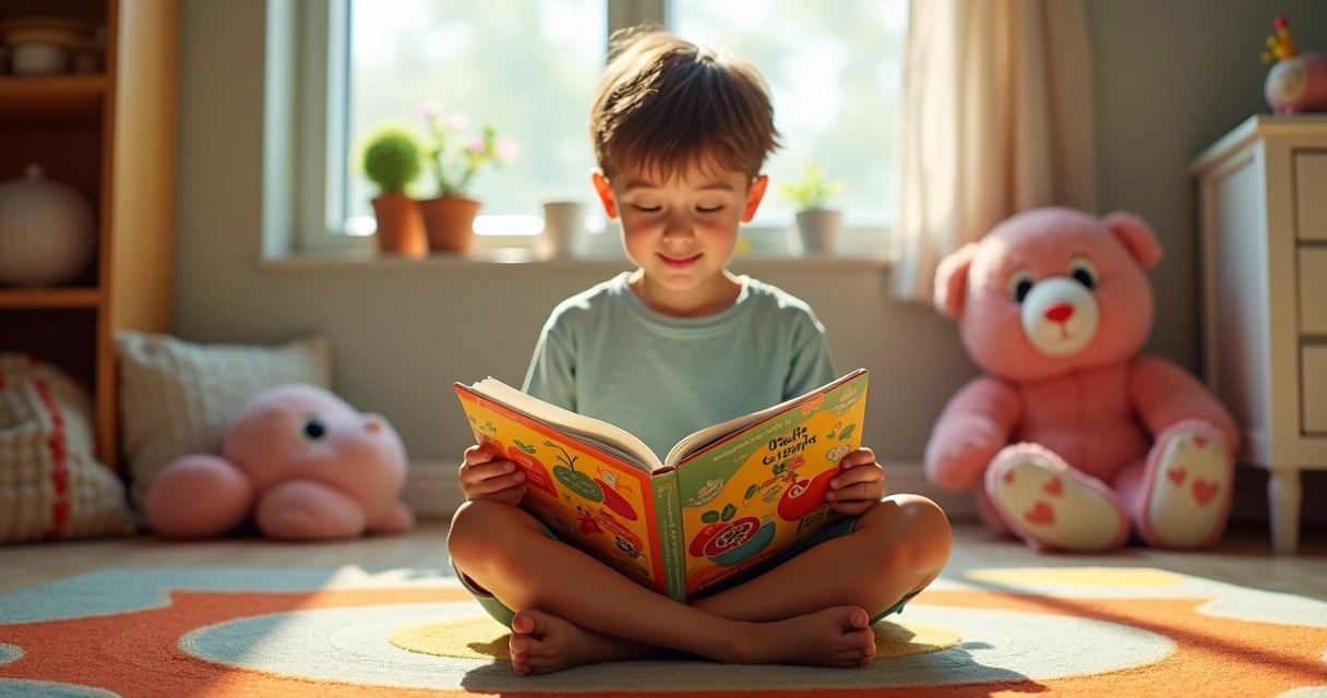 Garoto lendo livro infantil sobre alimentos mágicos 