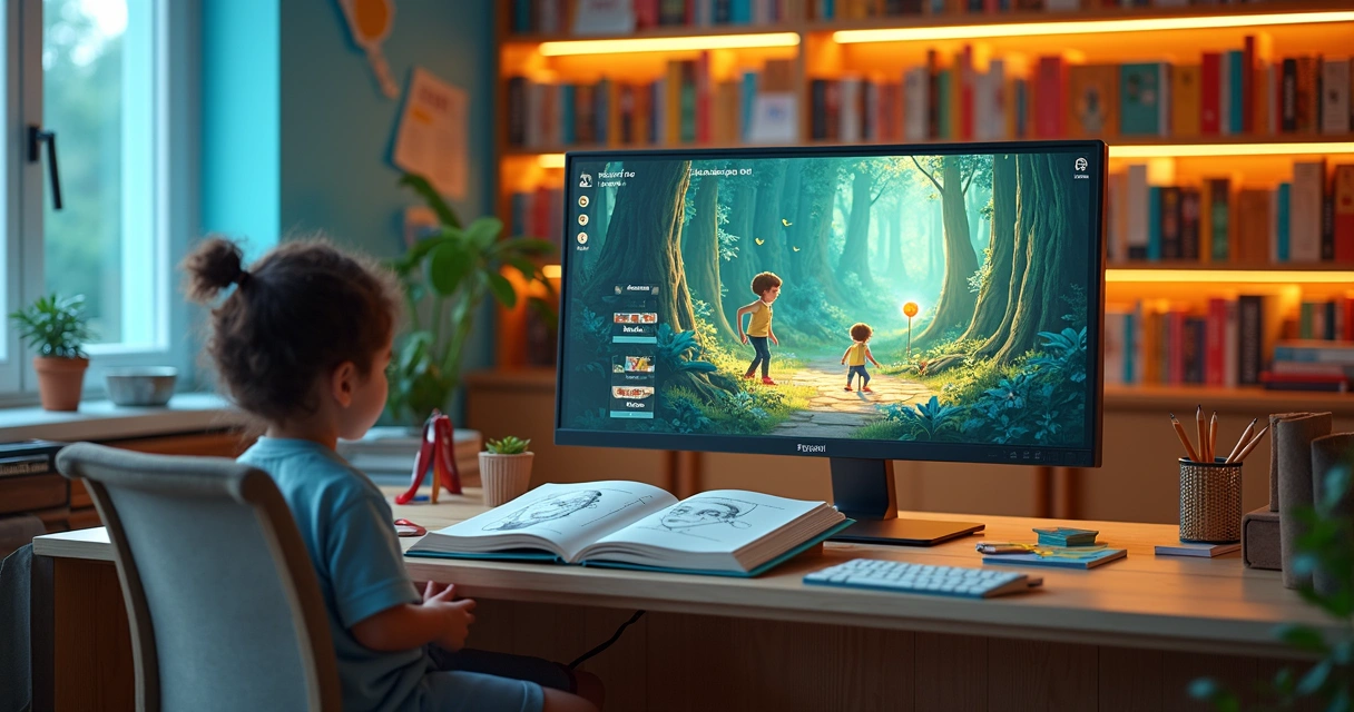 Criança em estúdio colorido vendo sua foto virar herói em livro infantil personalizado 