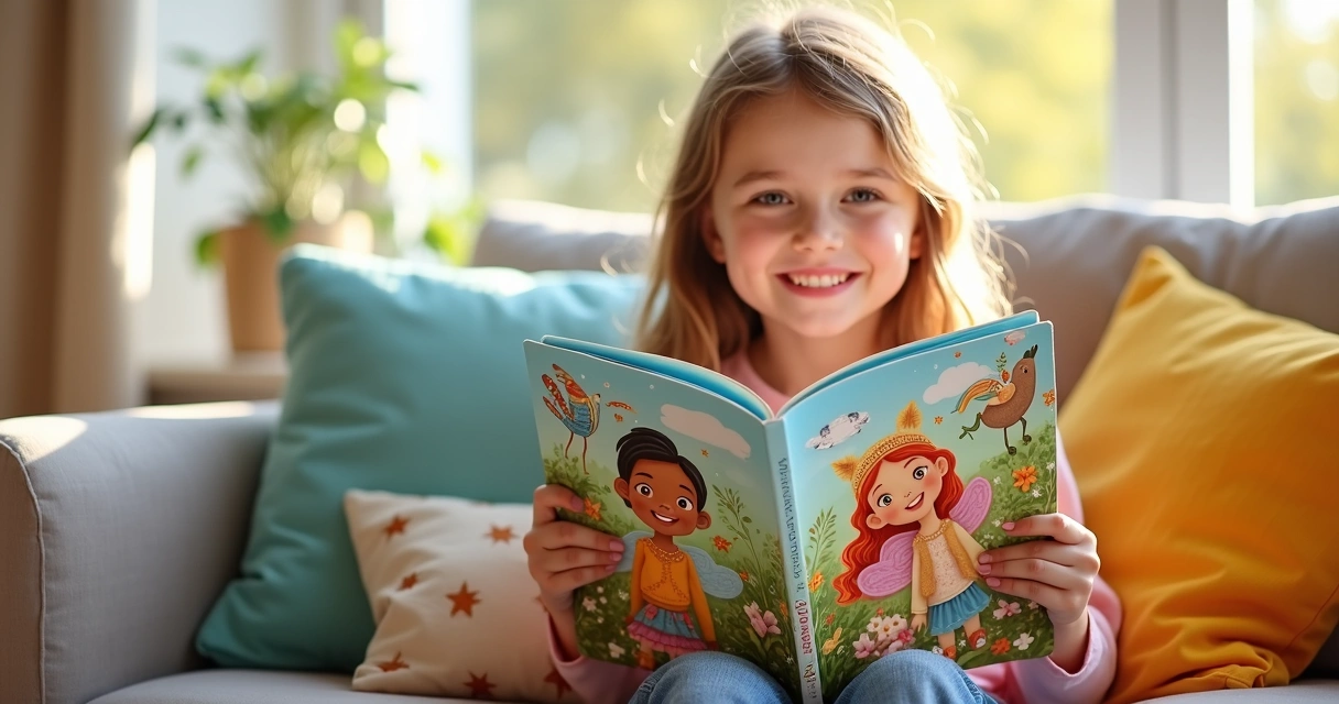 Criança sorrindo segurando livro infantil personalizado 