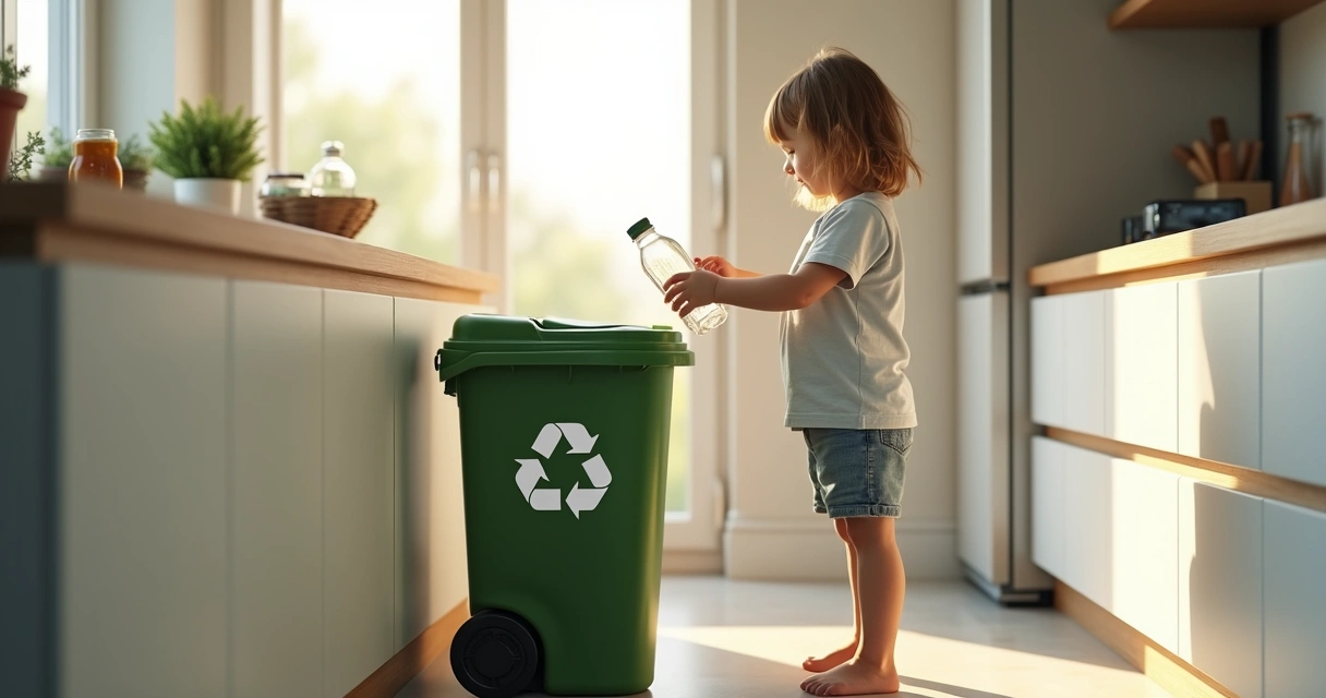 Criança colocando plástico em lixeira reciclável na cozinha