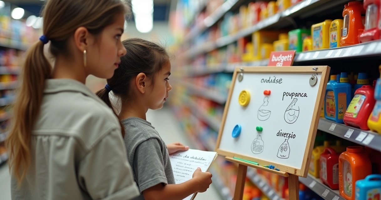 Criança escolhendo brinquedos em loja com painel de orçamento ao lado 