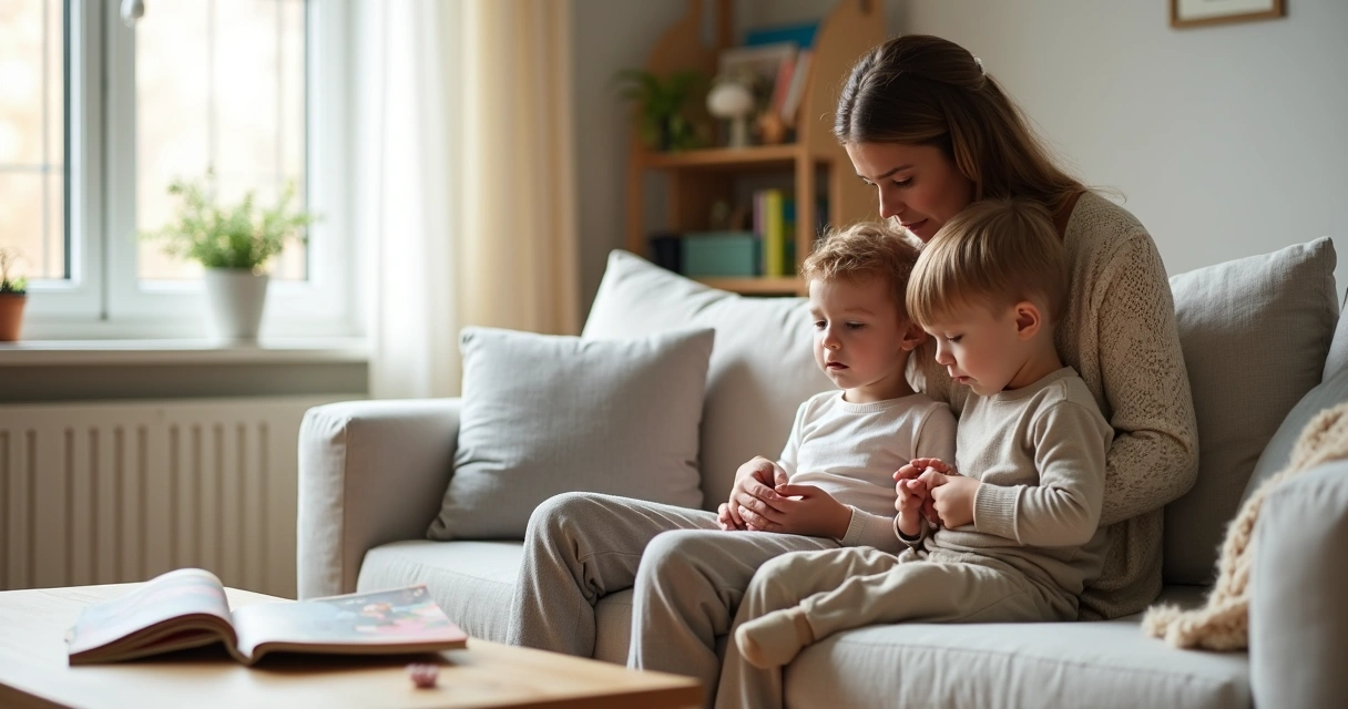 Mãe acolhendo criança pequena no sofá em gesto de empatia 