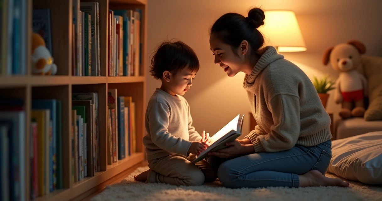 Criança e mãe escolhendo livro de histórias em estante 