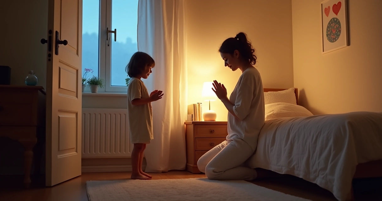 Criança pequena observa a mãe ajoelhada orando ao lado da cama em quarto iluminado por luz suave 