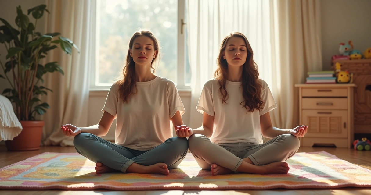 Criança e mãe sentadas no tapete do quarto meditando 
