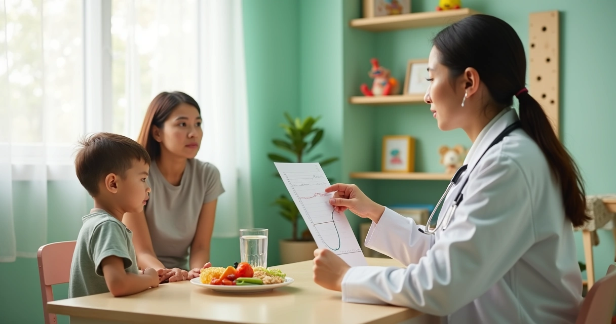 Pediatra conversa com mãe e criança magra em consultório colorido analisando prato de comida 