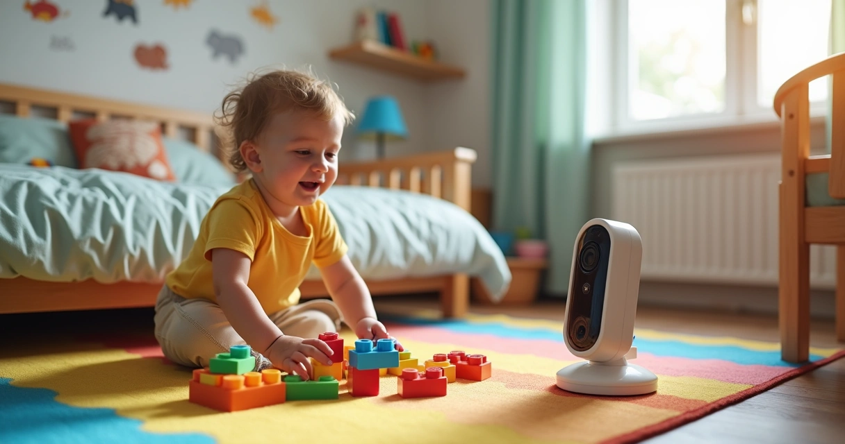 Criança maior brincando em quarto com babá eletrônica posicionada 