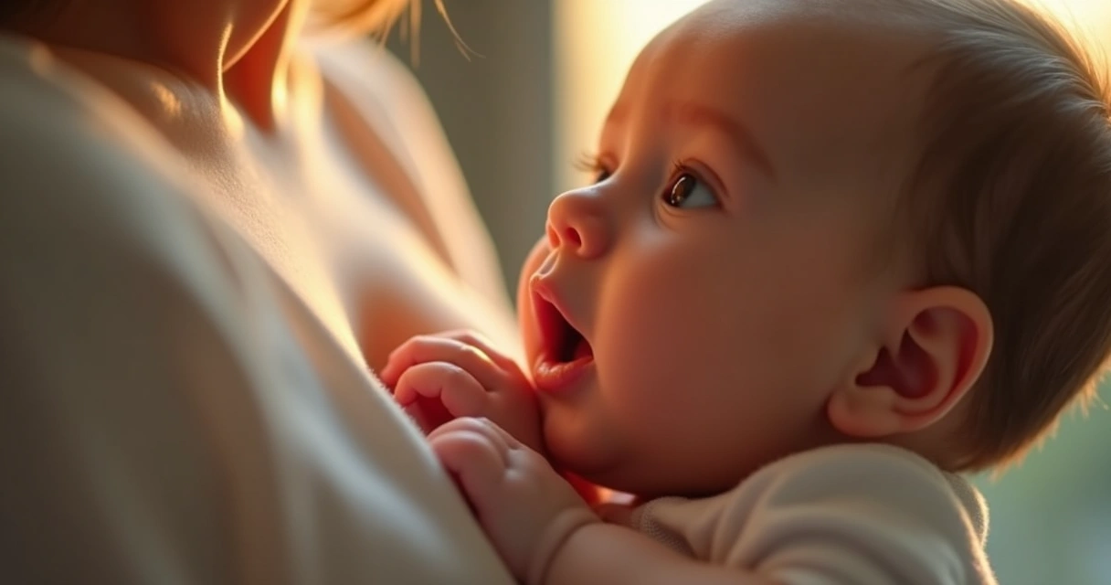 Bebê fazendo amamentação com boca próxima ao seio. 