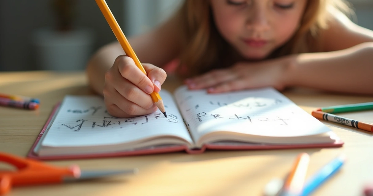Mão de criança segurando lápis com dificuldade sobre caderno colorido 